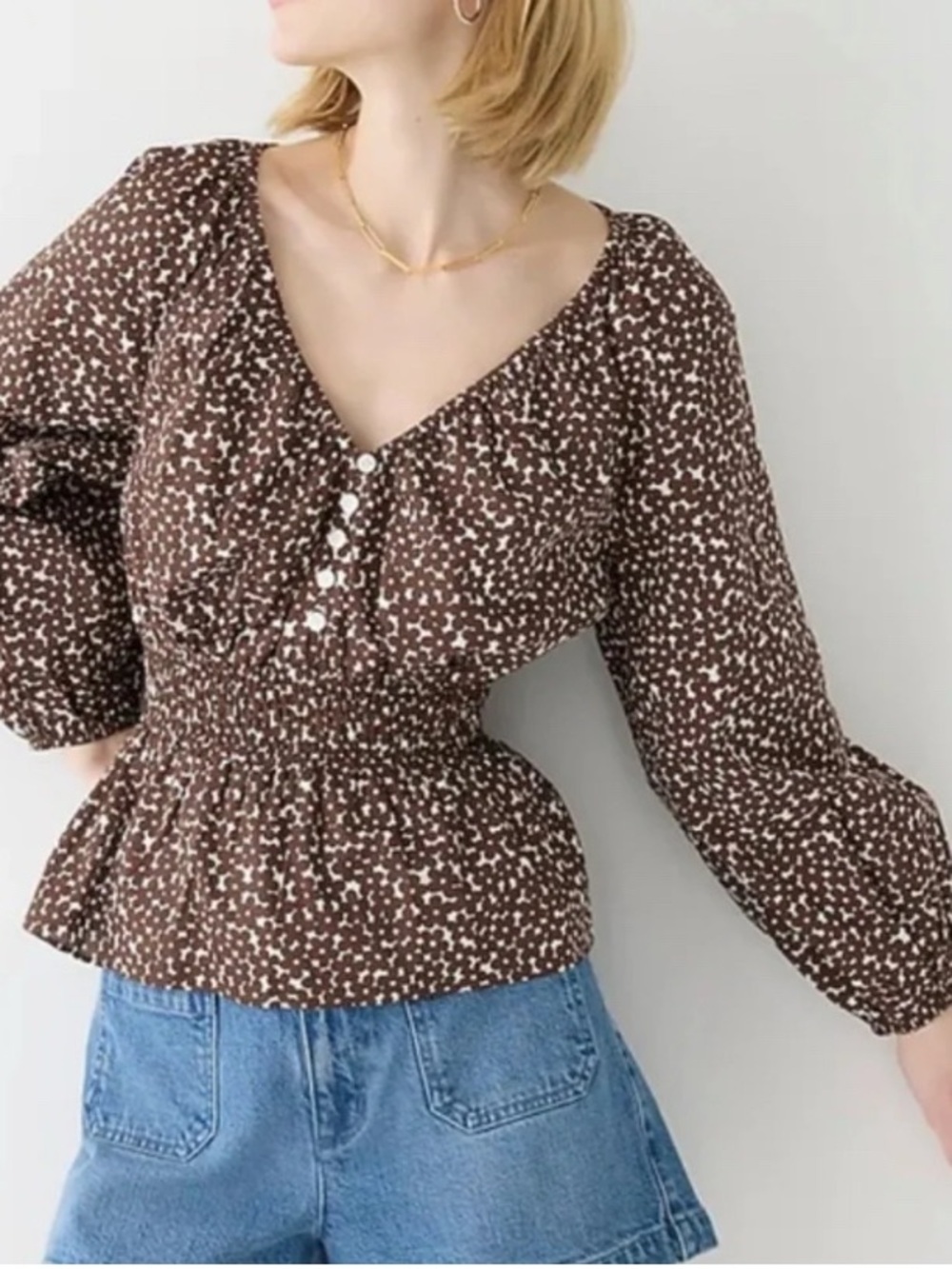 J.Crew V-Neck Smocked-Waist Top in Mocha Floral NWT - L